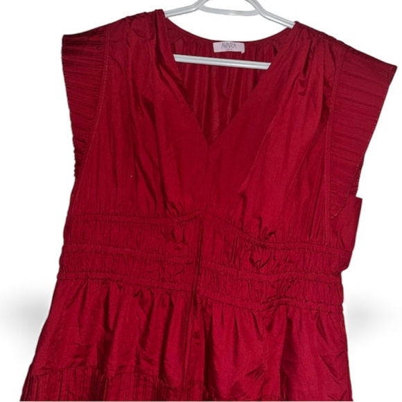 Avara Women Burgundy Gathered Pleated Mini Swing Dress w/ Flutter Sleeves Sz-XL - Picture 2 of 6